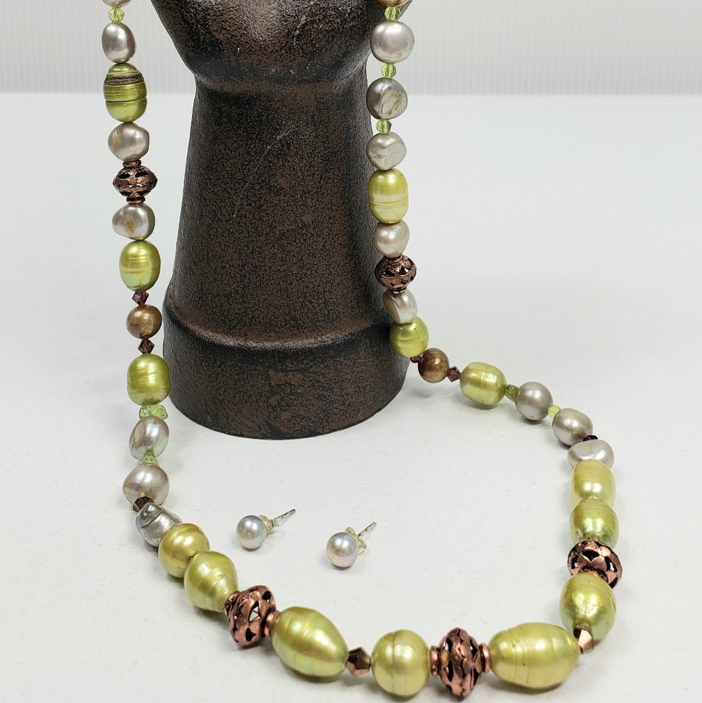 Genuine Freshwater Pearls Sterling Silver Necklace+ Earrings Green Silver Copper